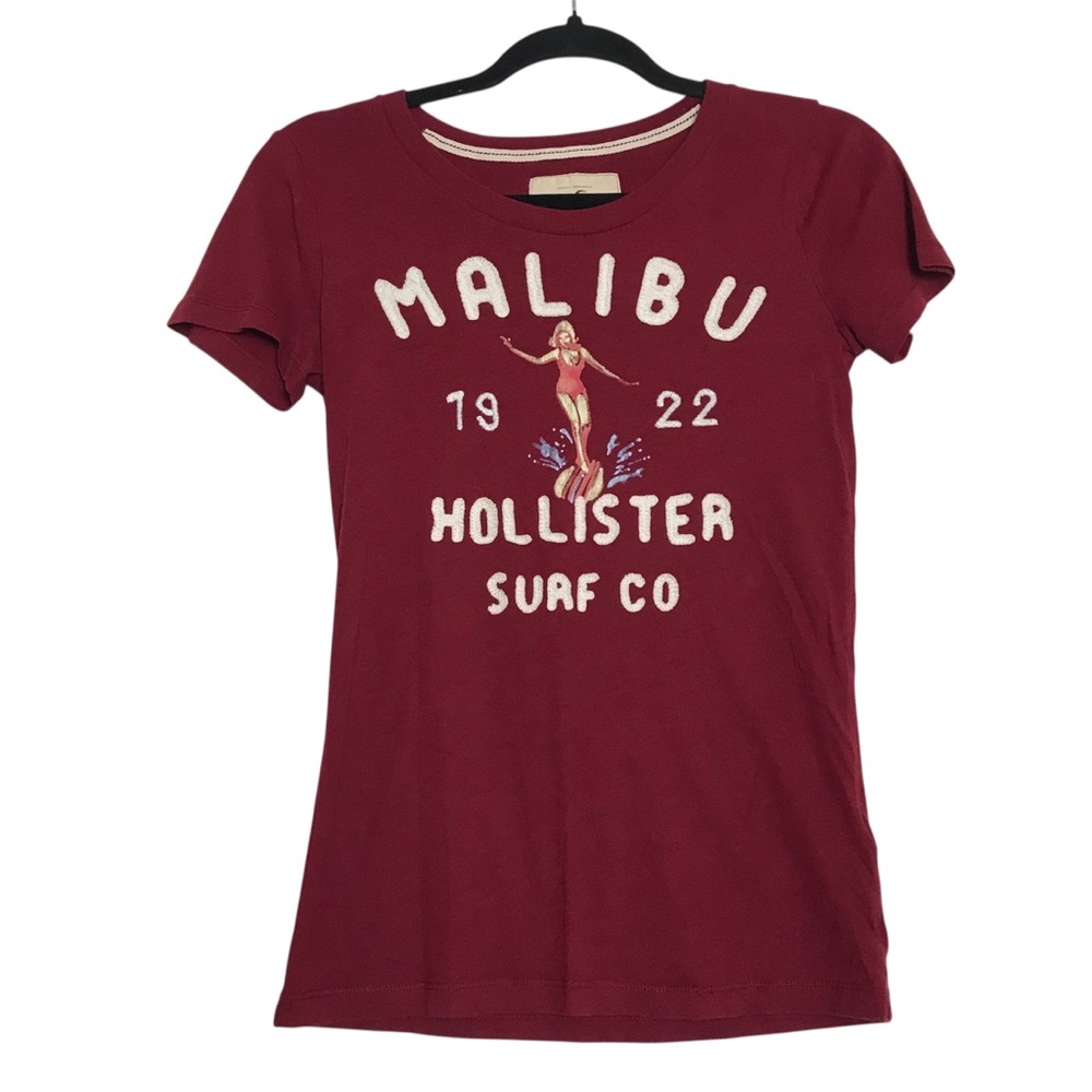 Hollister Preppy Y2K Maroon Malibu Surf Graphic Print Tee Shirt Womens Size S